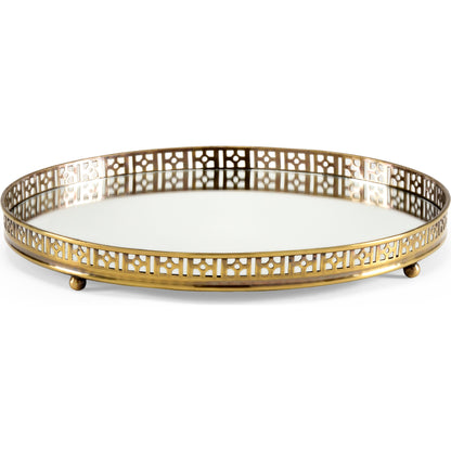 Footed Vanity Tray by Wildwood in antique patina, plain, clear. Made from brass, mirror in a transitional style.