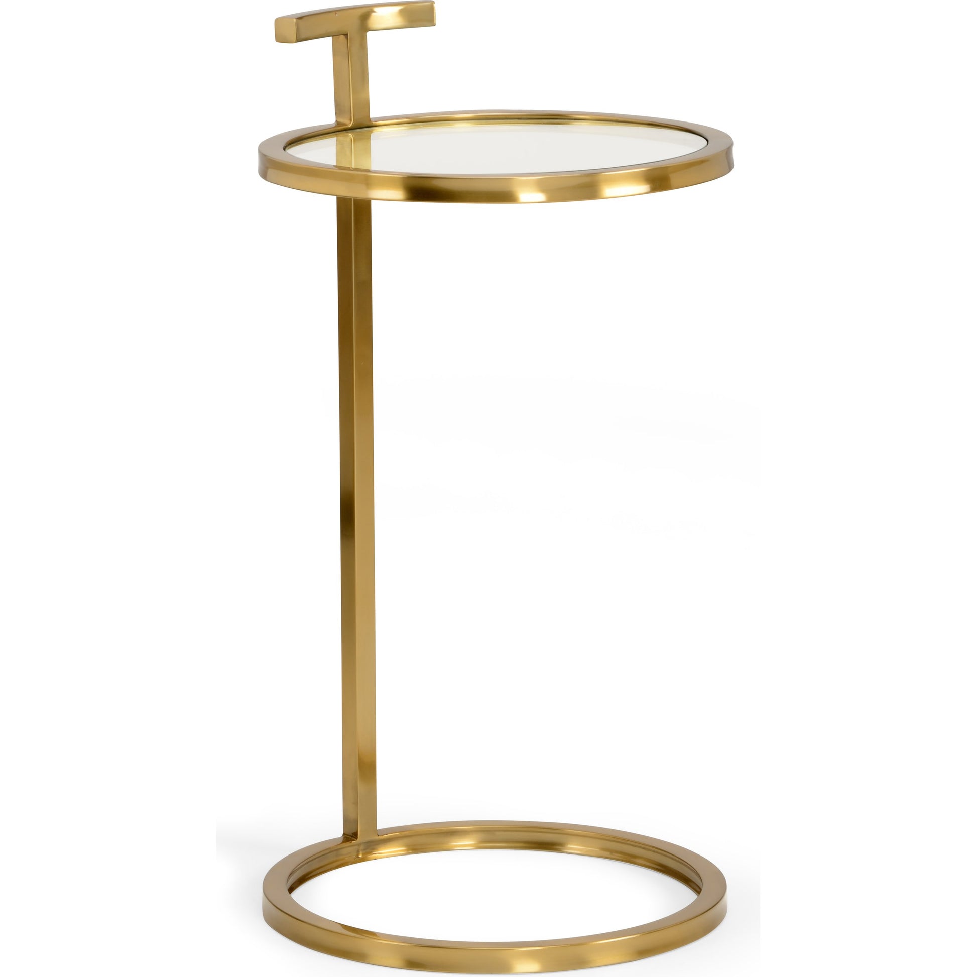 Elsie Table by Wildwood in antique brass, clear. Made from steel in a transitional style.