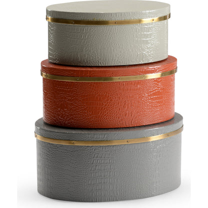 Oval Boxes by Wildwood in teal, kiwi, blue, brass. Made from faux crocodile skin in a transitional style.