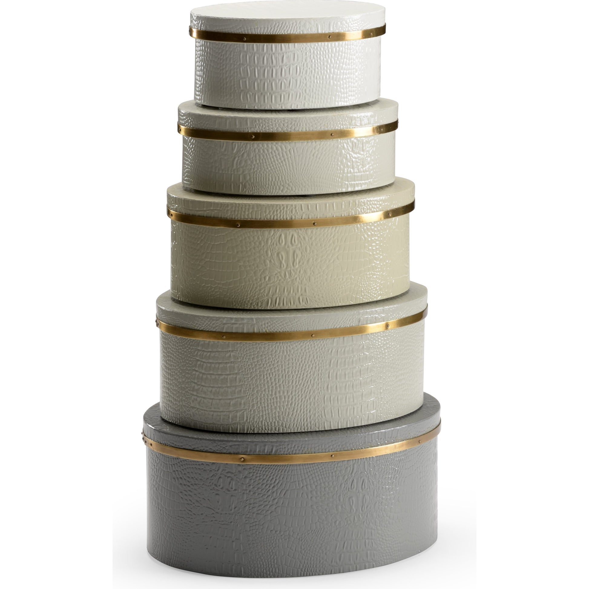 Oval Boxes by Wildwood in teal, kiwi, blue, brass. Made from faux crocodile skin in a transitional style.