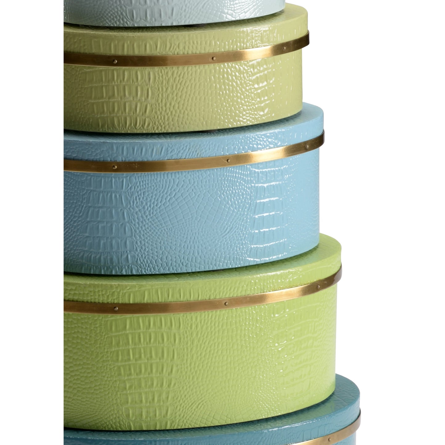 002 SR-386142 | Closeup | Oval Boxes by Wildwood in teal, kiwi, blue, brass. Made from faux crocodile skin in a transitional style.