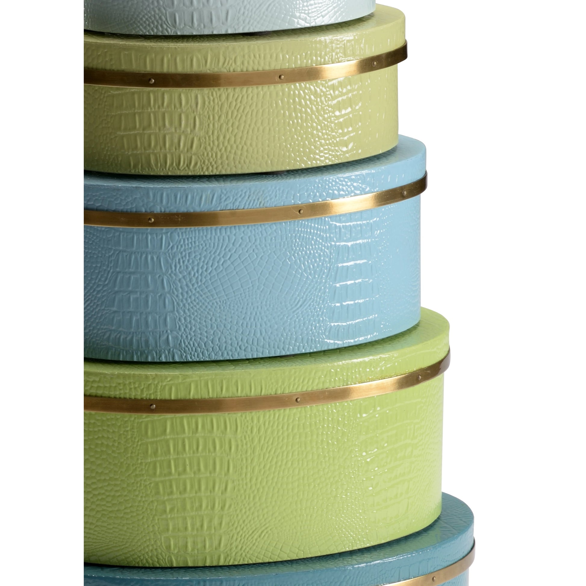 Oval Boxes by Wildwood in teal, kiwi, blue, brass. Made from faux crocodile skin in a transitional style.
