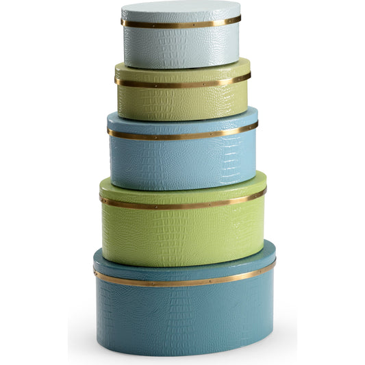 Oval Boxes by Wildwood in teal, kiwi, blue, brass. Made from faux crocodile skin in a transitional style.