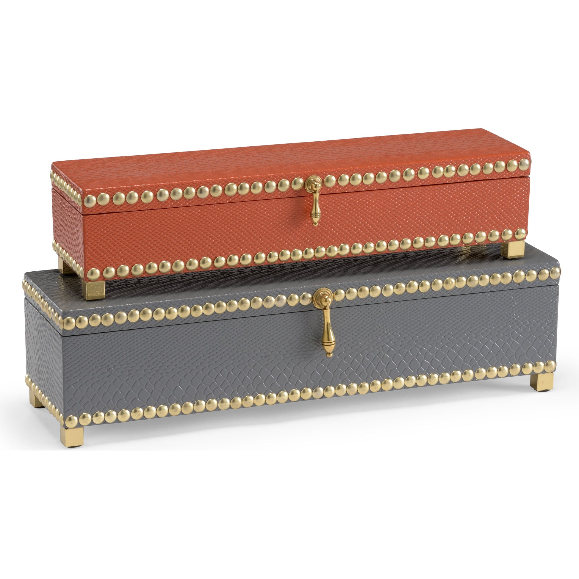 Treasure Boxes by Wildwood. Made from faux cobra skin, metal in a transitional style.