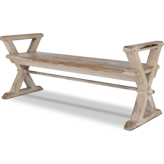 Replica Antique X Bench by Sarreid Ltd. in grey and gray w/white aged blue wash thru. Made from recycled pine, iron in a cottage & farmhouse style.