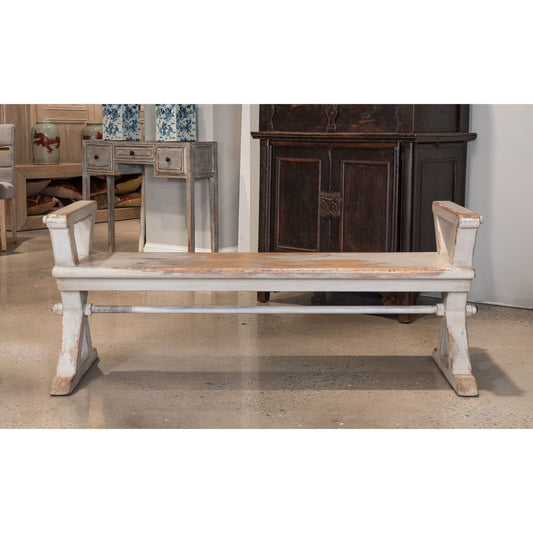 Replica Antique X Bench by Sarreid Ltd. in grey and gray w/white aged blue wash thru. Made from recycled pine, iron in a cottage & farmhouse style.