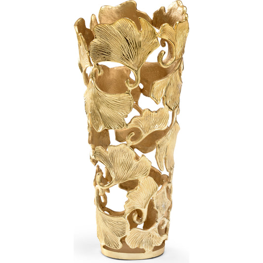 Ginkgo Vase by Wildwood in gold. Made from aluminum in a transitional style.