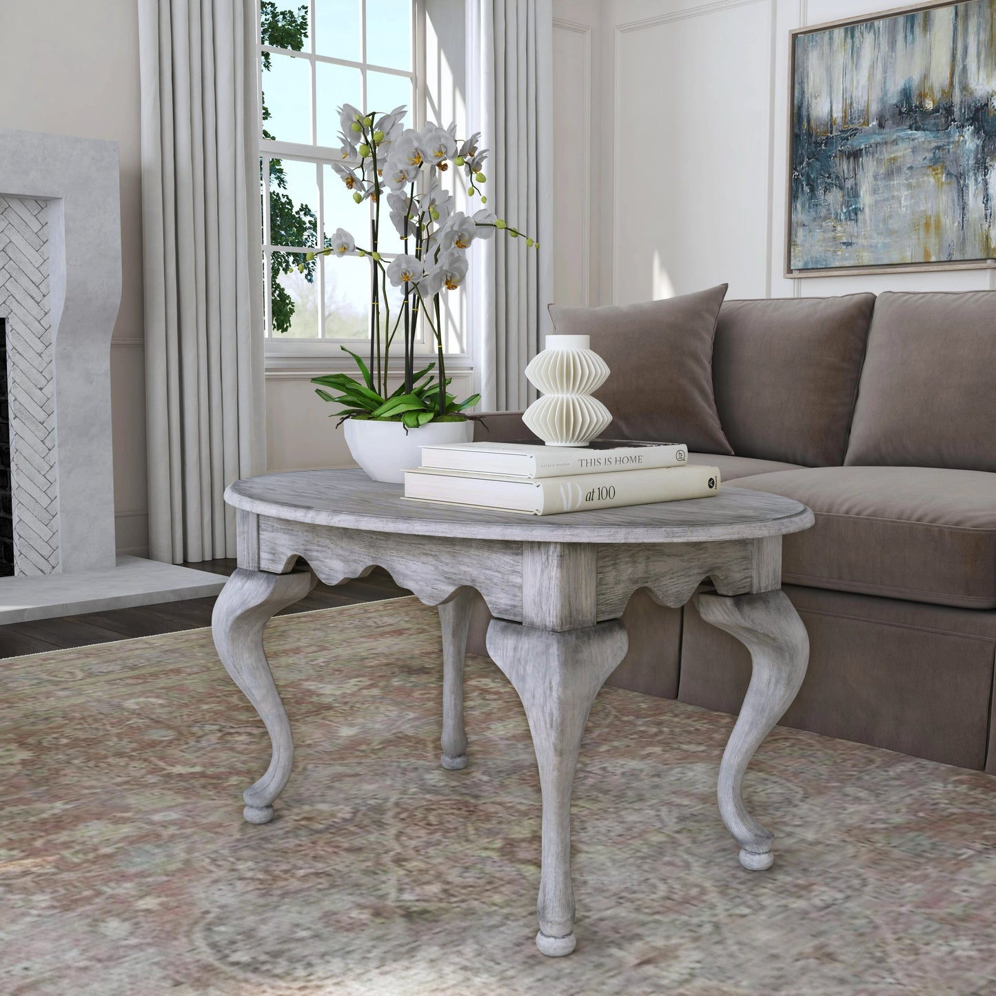 005 SI-2021944 | Lifestyle | Grace Oval Coffee Table by Butler Specialty Company in gray and powder gray. Made from rubberwood solids, mdf, cherry, maple and walnut veneers in a traditional style.