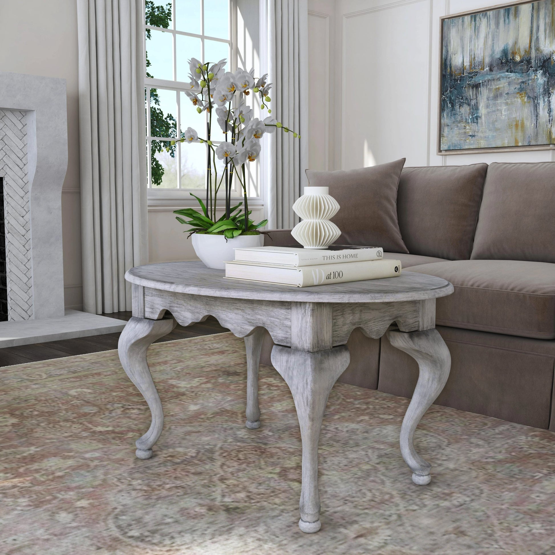 Grace Oval Coffee Table by Butler Specialty Company in gray and powder gray. Made from rubberwood solids, mdf, cherry, maple and walnut veneers in a traditional style.