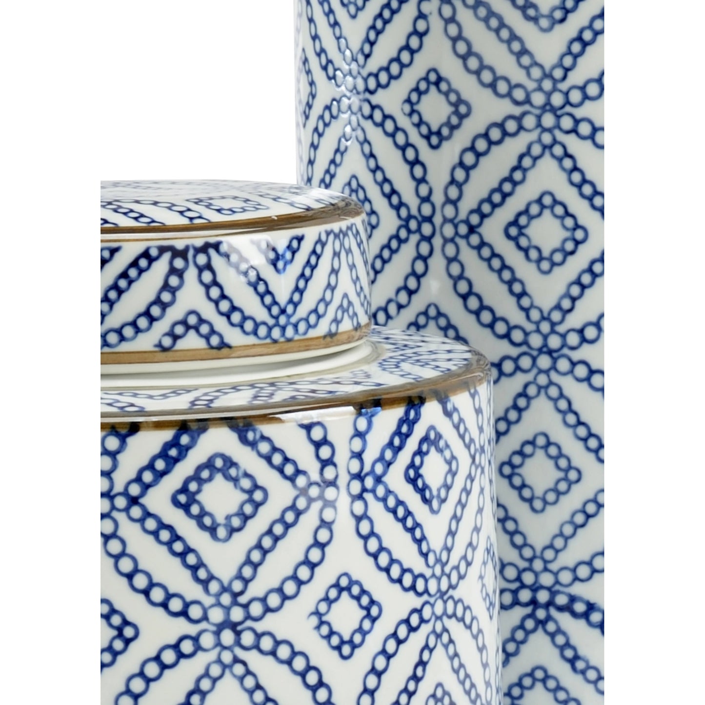 002 SR-386553 | Closeup | Thelma Canisters by Wildwood in blue, white glaze. Made from porcelain in a transitional style.