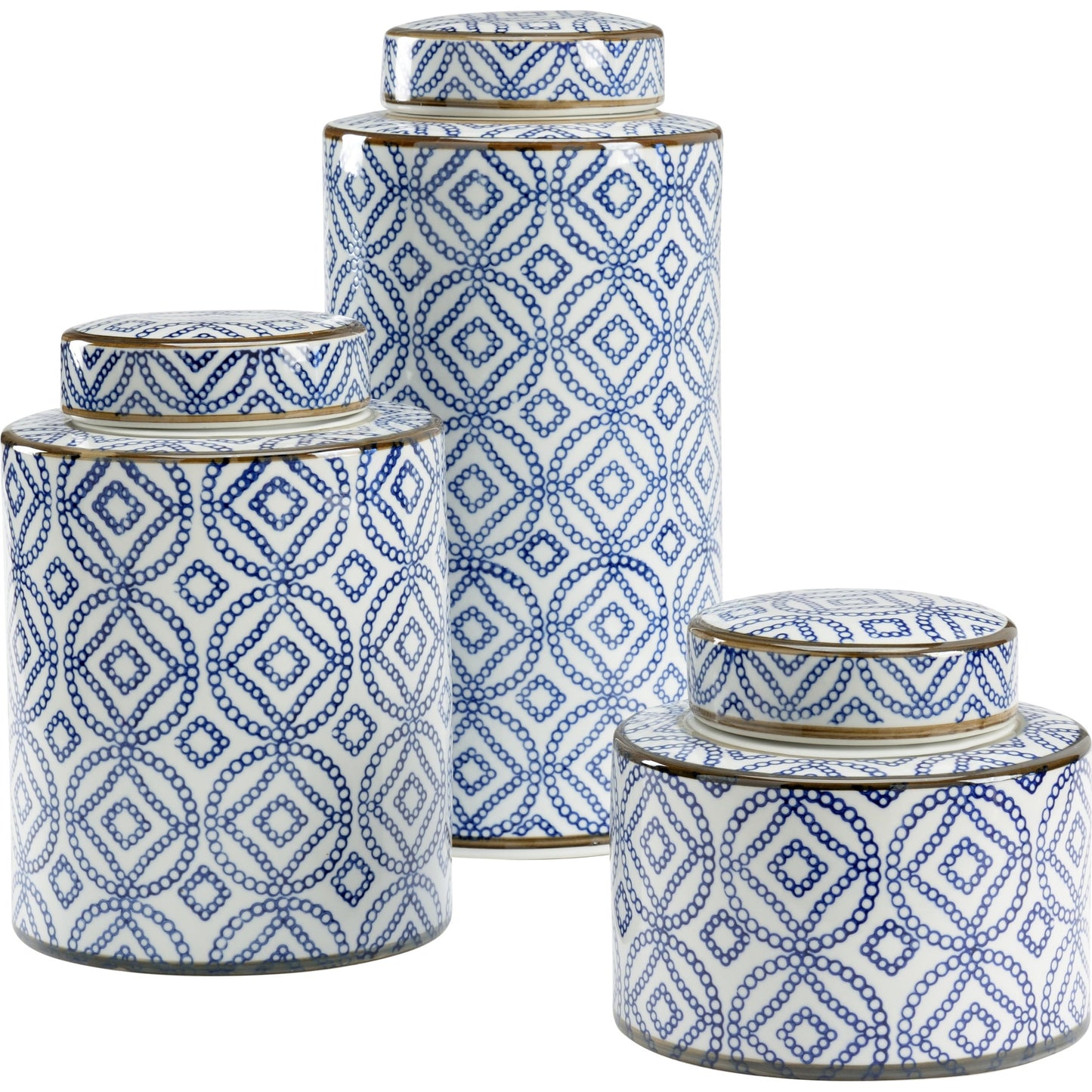 001 SR-386553 | Primary Silo | Thelma Canisters by Wildwood in blue, white glaze. Made from porcelain in a transitional style.