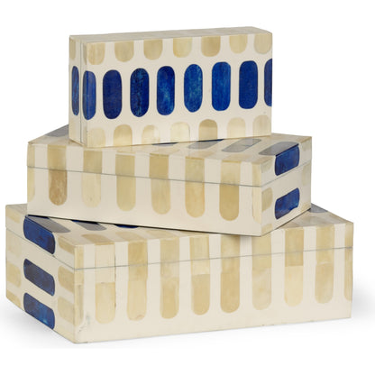 Mozart Boxes by Wildwood in inlaid, white, beige, blue. Made from composite, bone in a eclectic & global style.