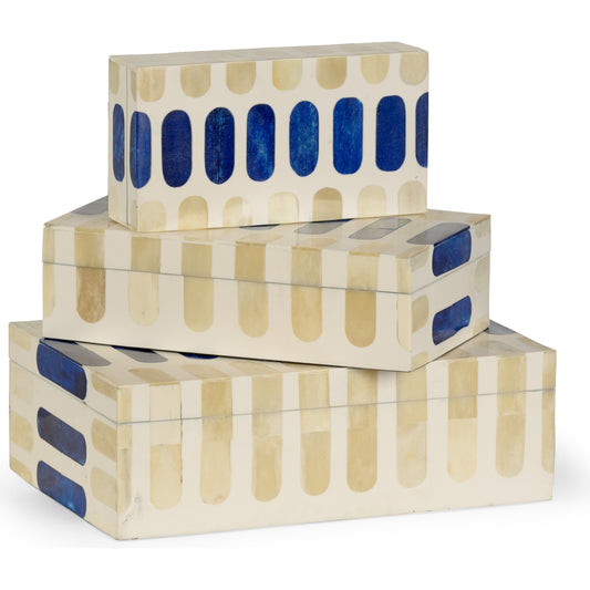 Mozart Boxes by Wildwood in white, tan, blue. Made from composite, bone in a eclectic & global style.