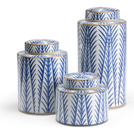 Blue Fronds Canisters by Wildwood in blue, white, gold. Made from porcelain in a eclectic & global style.