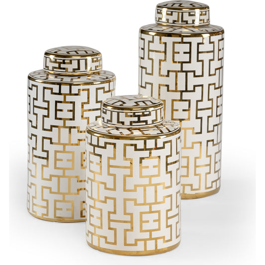 Noble Canisters by Wildwood in white, gold. Made from porcelain in a transitional style.