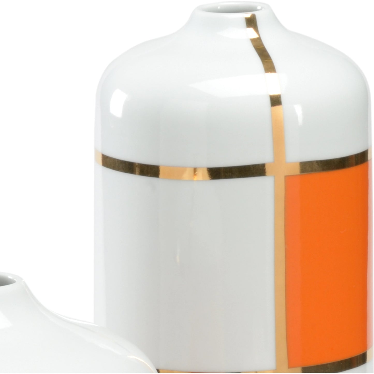 002 SR-782767 | Closeup | Massaro Canisters by Wildwood in orange decal, gold, white glaze. Made from ceramic in a eclectic & global style.
