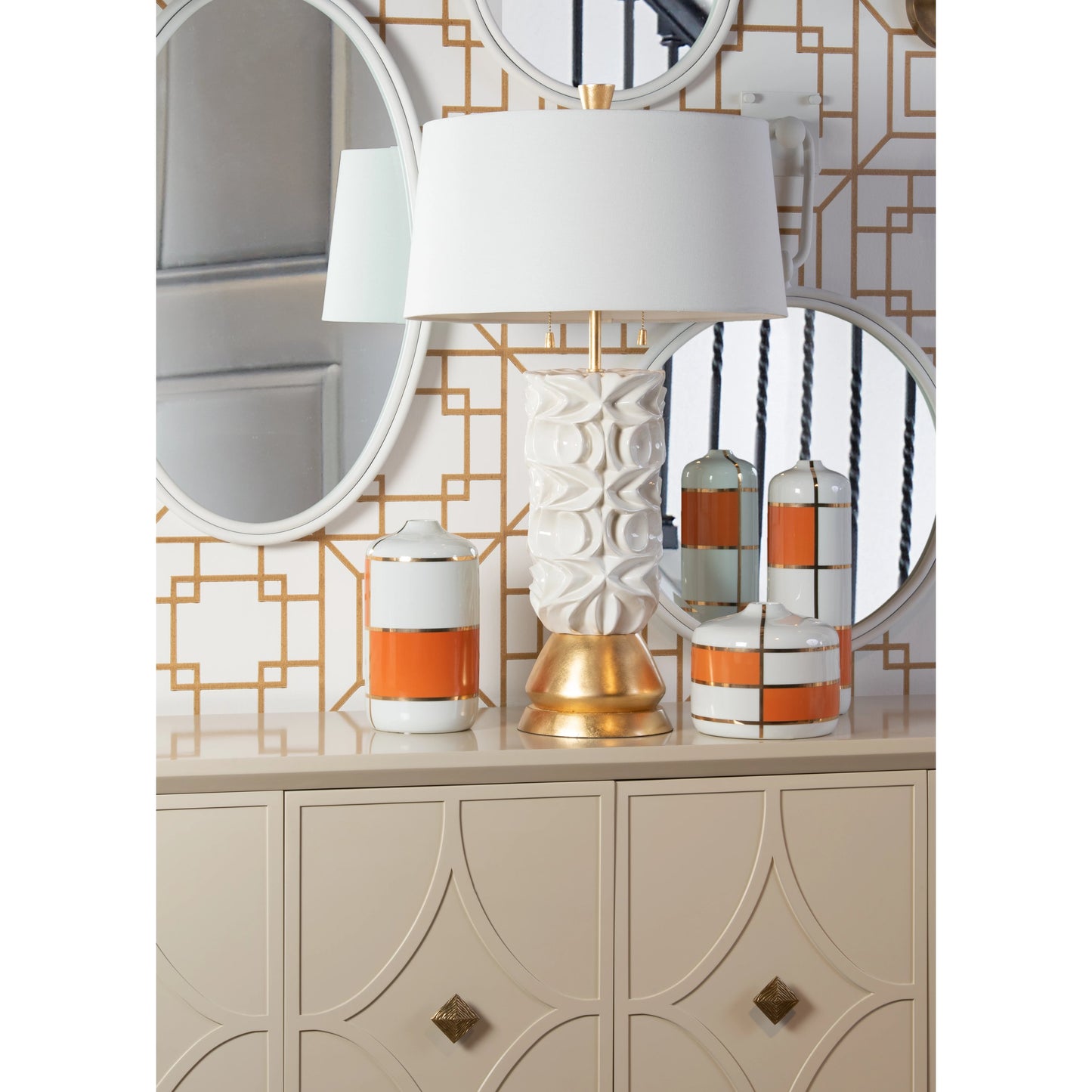 004 SR-782767 | Lifestyle | Massaro Canisters by Wildwood in orange decal, gold, white glaze. Made from ceramic in a eclectic & global style.