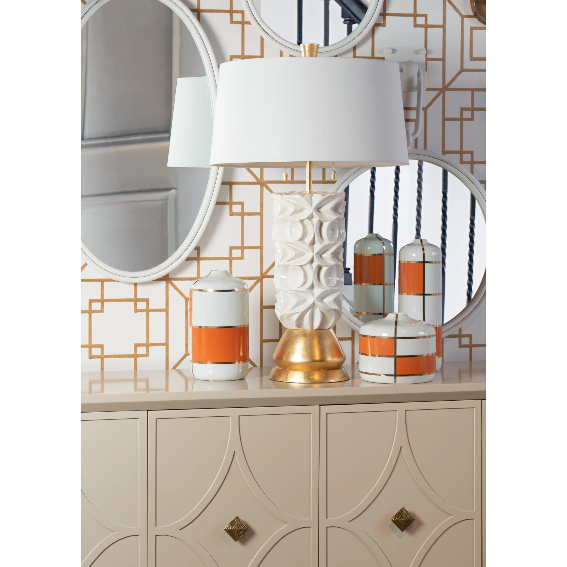 Massaro Canisters by Wildwood in orange decal, gold, white glaze. Made from ceramic in a eclectic & global style.