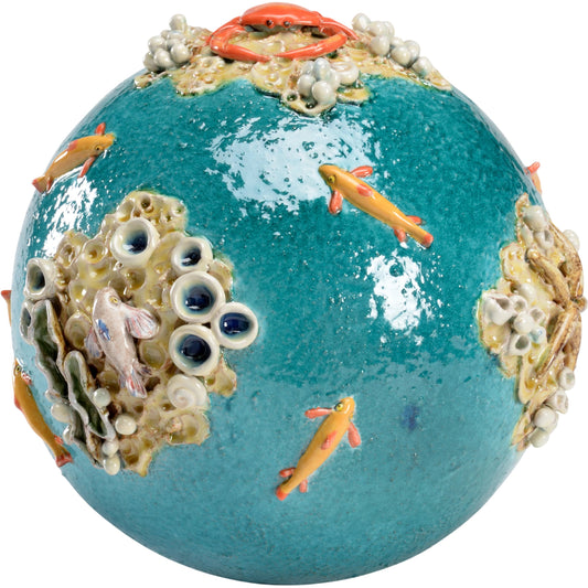 Sea Sphere by Wildwood in blue, orange, tan. Made from ceramic in a coastal style.