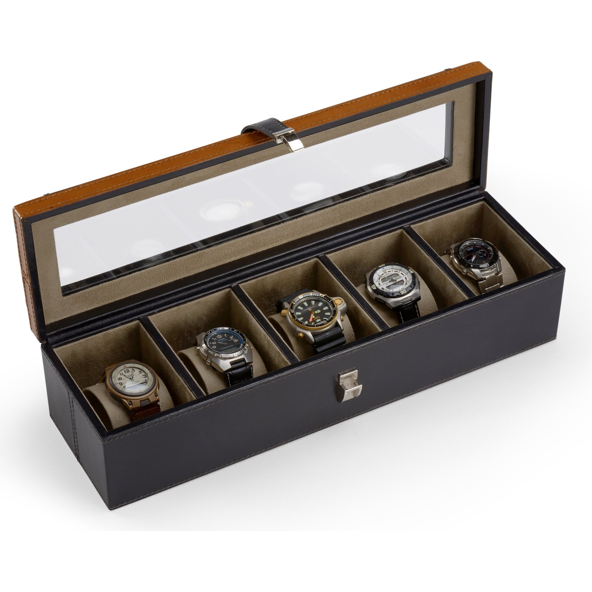Watch Display Box by Wildwood in black, golden, clear, nickel. Made from leather, glass, brass in a transitional style.