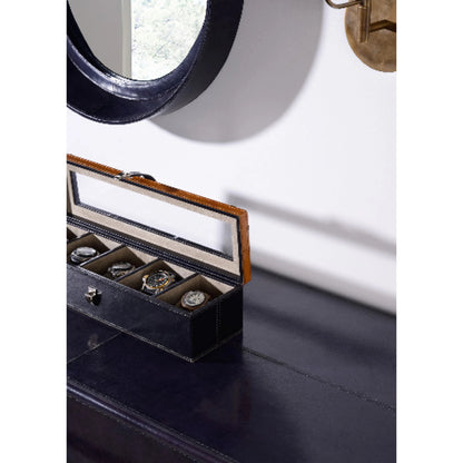 Watch Display Box by Wildwood in black, golden, clear, nickel. Made from leather, glass, brass in a transitional style.