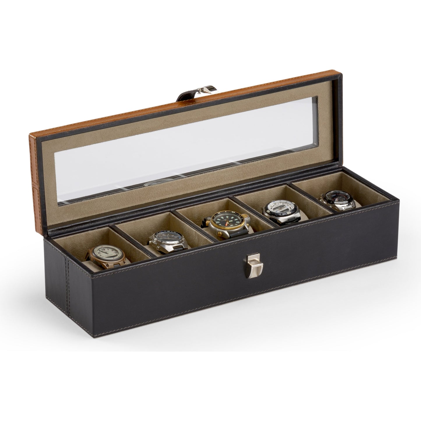 002 SR-837294 | Additional Silo | Watch Display Box by Wildwood in black, golden, clear, nickel. Made from leather, glass, brass in a transitional style.