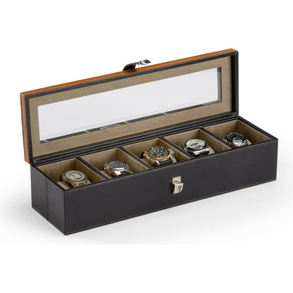 Watch Display Box by Wildwood in black, golden, clear, nickel. Made from leather, glass, brass in a transitional style.