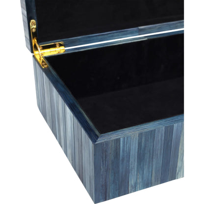Winter Harvest Box by Currey and Company in blue. Made from straw, suede, engineered wood in a modern style.