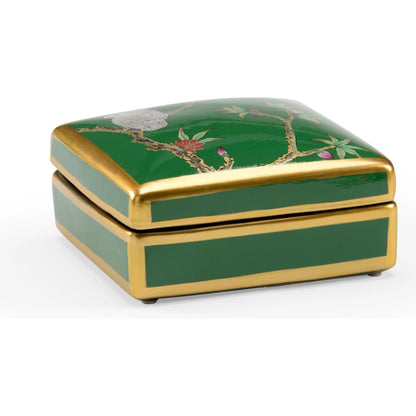 Polly Davis Box by Wildwood in green glaze, metallic gold, hand painted. Made from ceramic in a transitional style.