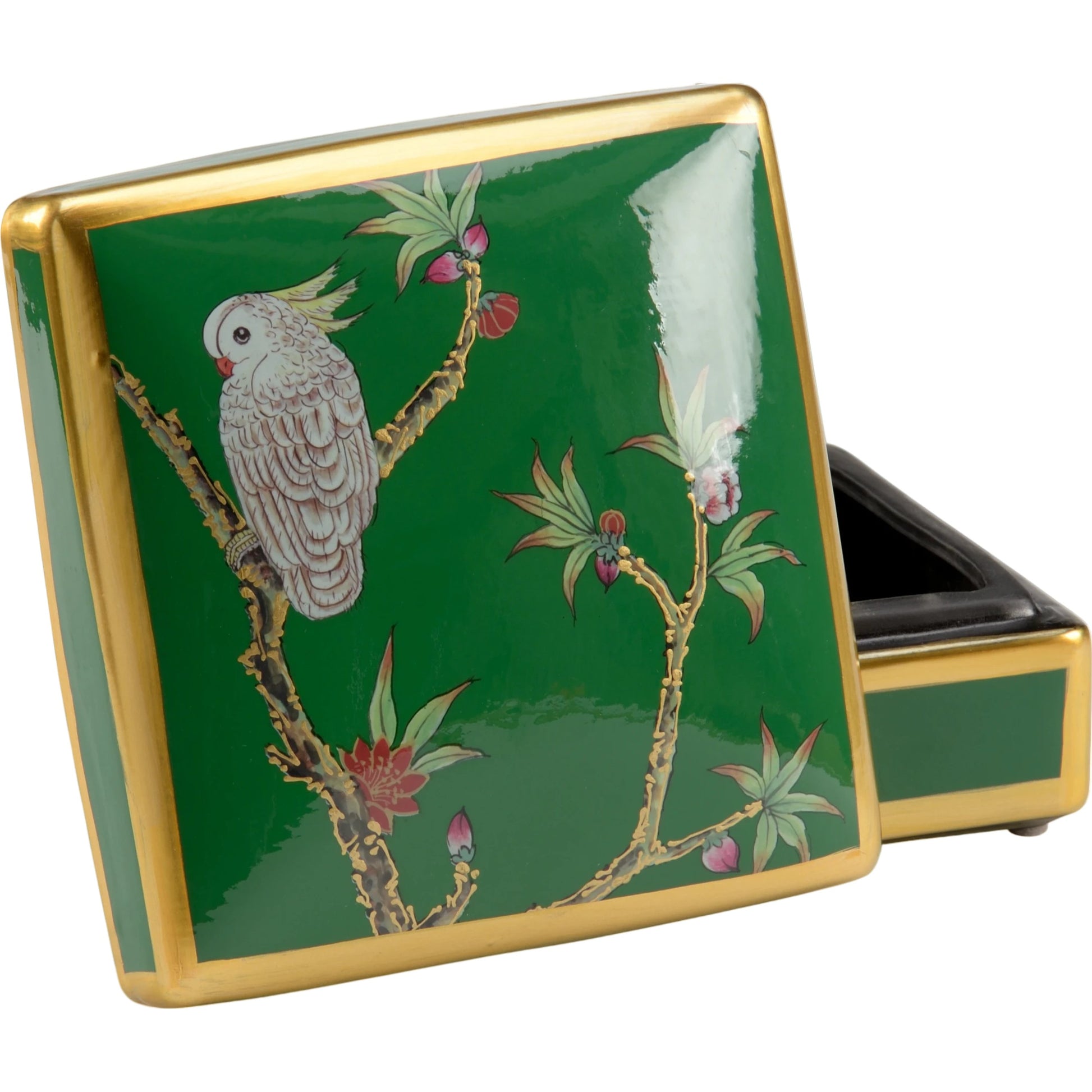 Polly Davis Box by Wildwood in green glaze, metallic gold, hand painted. Made from ceramic in a transitional style.