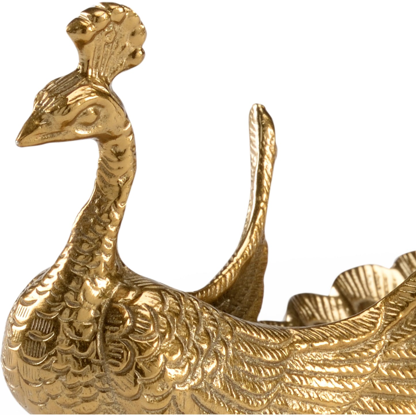 002 SI-2104849 | Closeup | Peacock Dish by Wildwood in antique brass. Made from aluminum in a modern style.