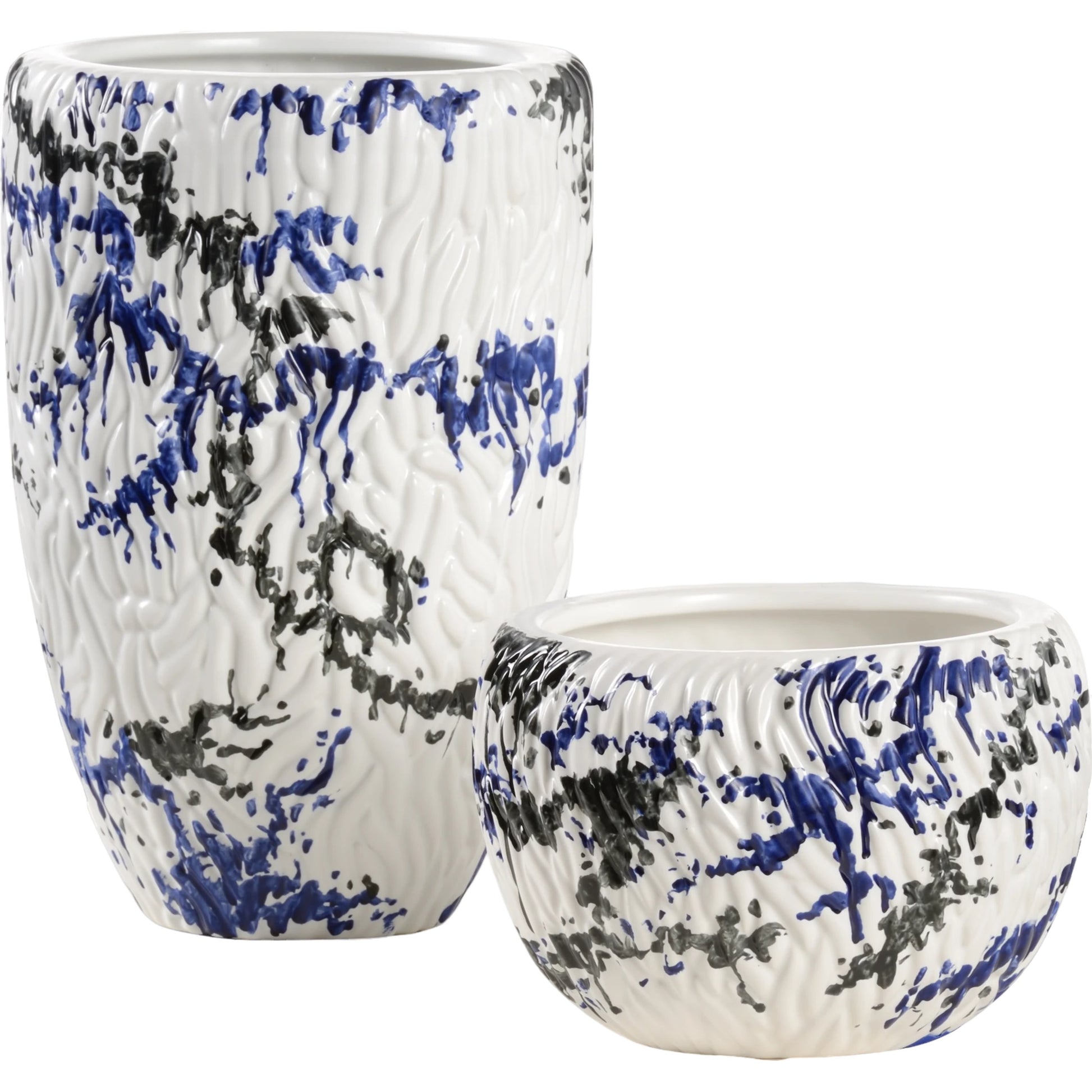 Pollock Vases by Wildwood in matte white, black, blue glaze. Made from ceramic in a modern style.
