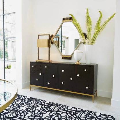 Harrington Mirror by Global Views in graphite leather. Made from mdf, brass, horse hair, mirror, leather cladding in a traditional style.
