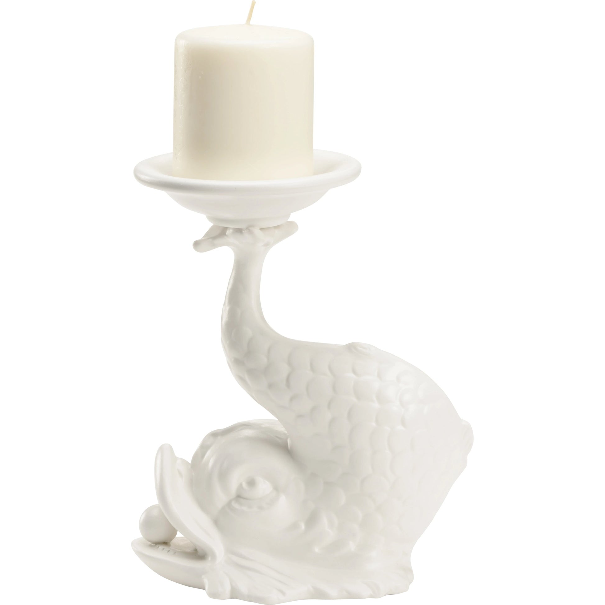Italian Renaissance Dolphin Candleholder by Wildwood in white glaze. Made from ceramic in a modern style.