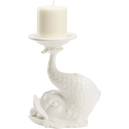 Italian Renaissance Dolphin Candleholder by Wildwood in white glaze. Made from ceramic in a modern style.