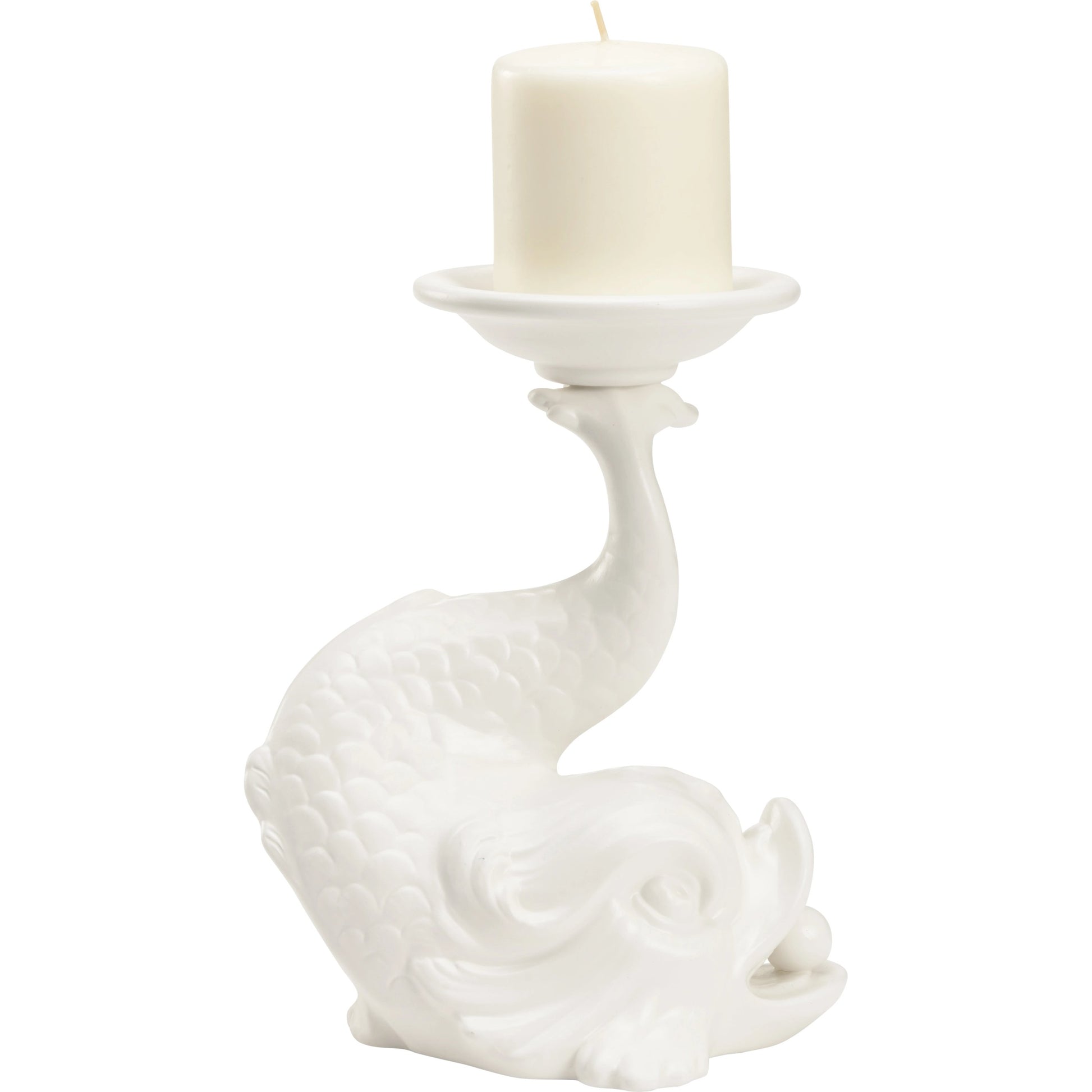 Italian Renaissance Dolphin Candleholder by Wildwood in white glaze. Made from ceramic in a modern style.