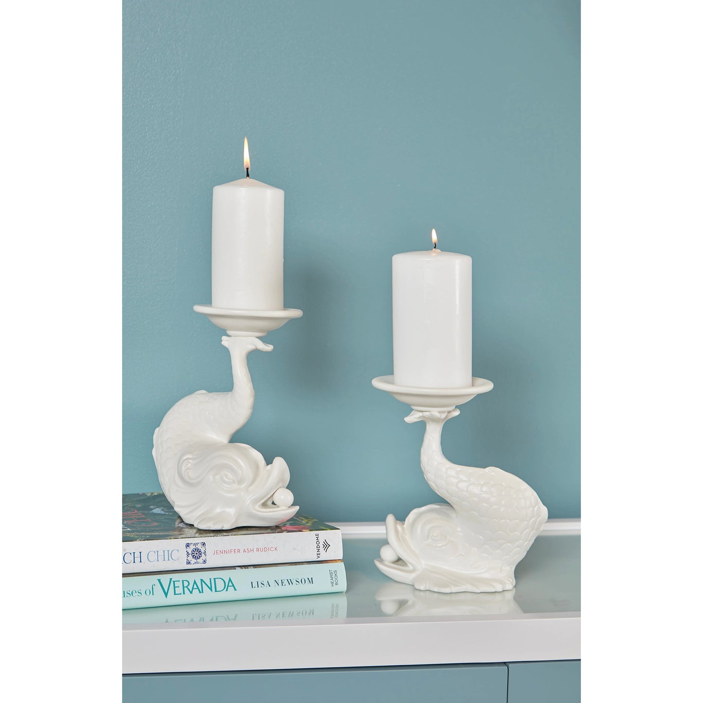 007 SI-2104934 | Lifestyle | Italian Renaissance Dolphin Candleholder by Wildwood in white glaze. Made from ceramic in a modern style.