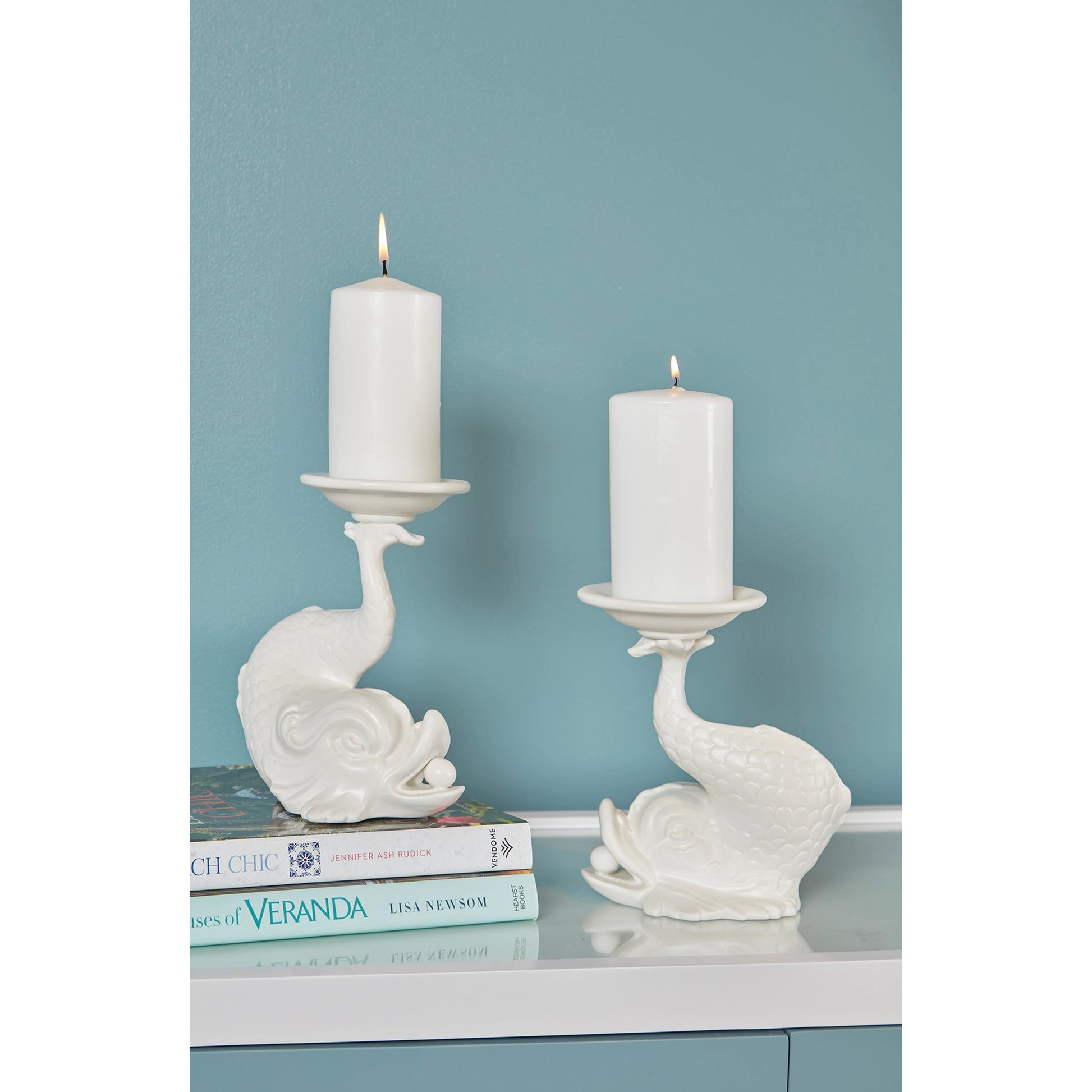 Italian Renaissance Dolphin Candleholder by Wildwood in white glaze. Made from ceramic in a modern style.