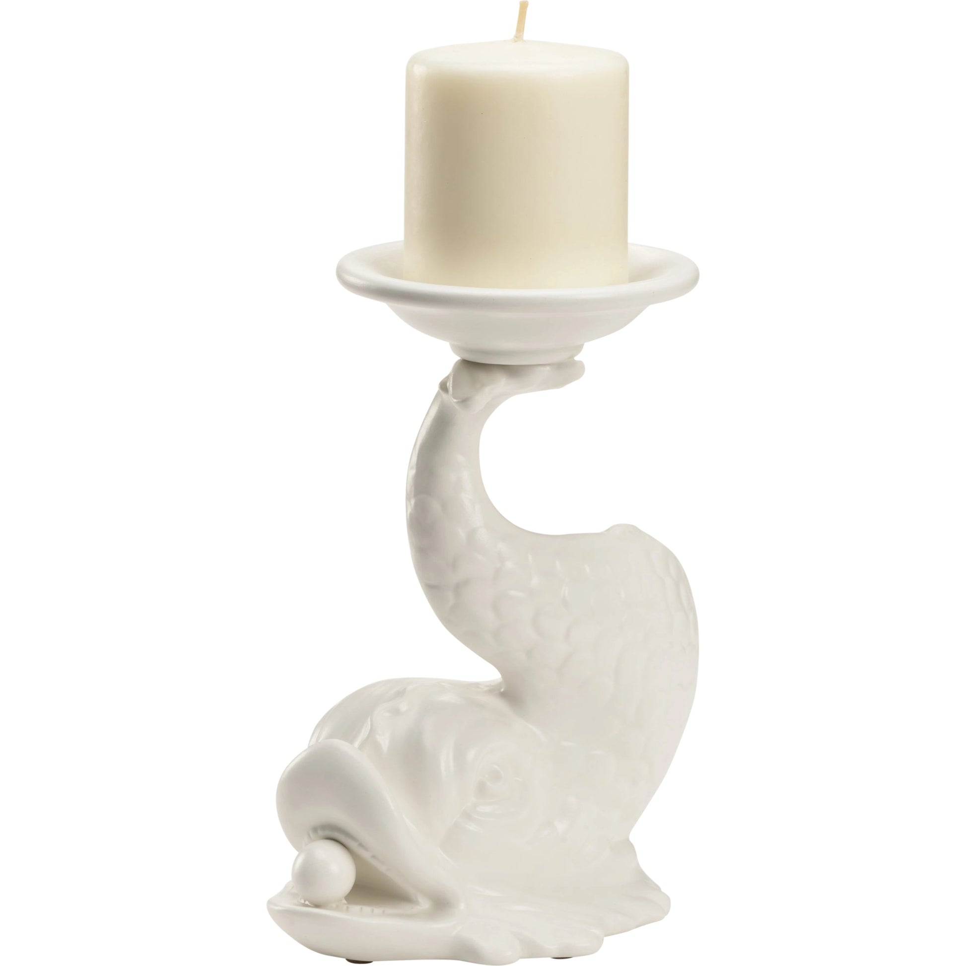Italian Renaissance Dolphin Candleholder by Wildwood in white glaze. Made from ceramic in a modern style.