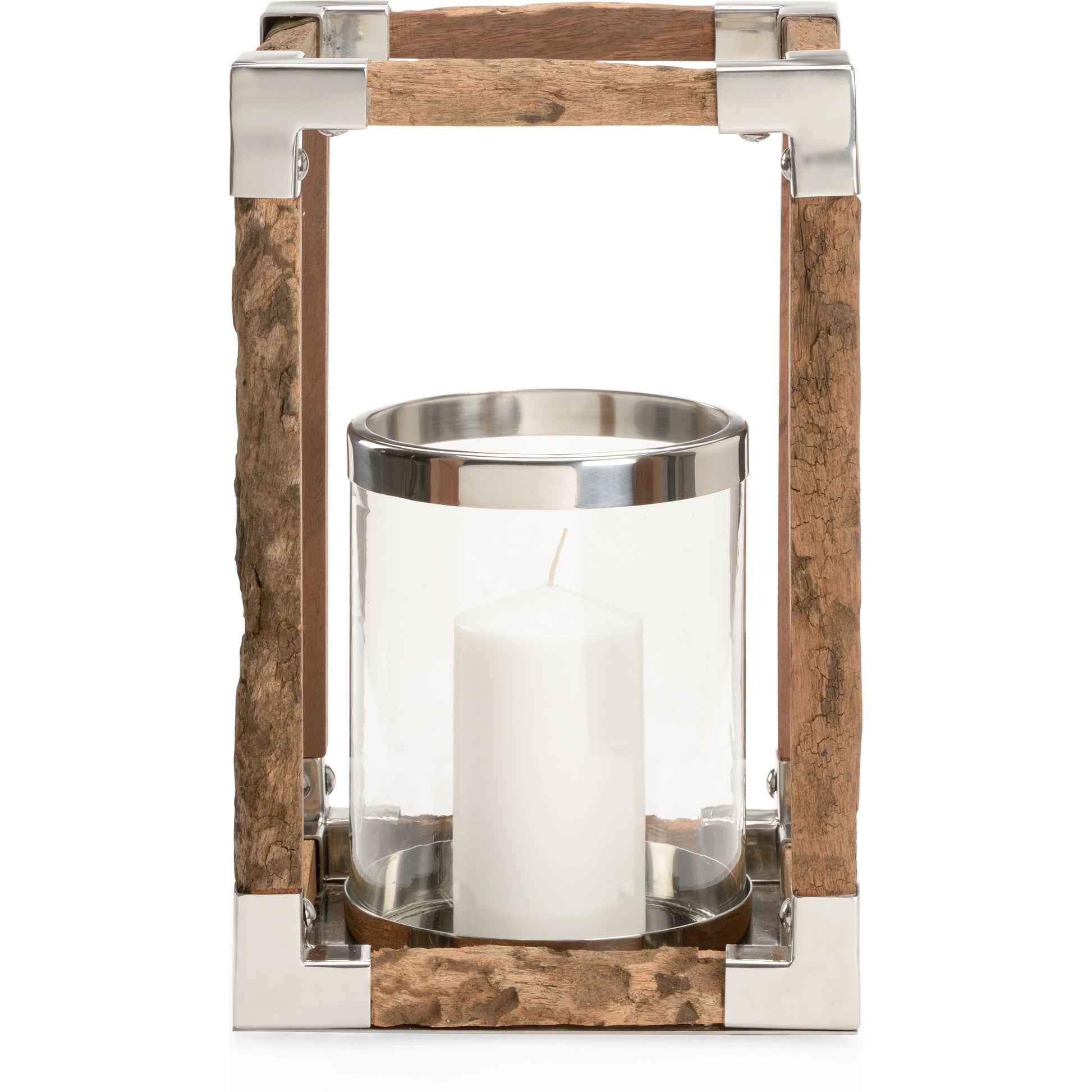 Modern Rustic Hurricane by Wildwood in natural, rough, polished nickel. Made from wood/metal in a rustic style.
