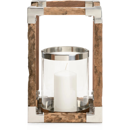 Modern Rustic Hurricane by Wildwood in natural, rough, polished nickel. Made from wood/metal in a rustic style.