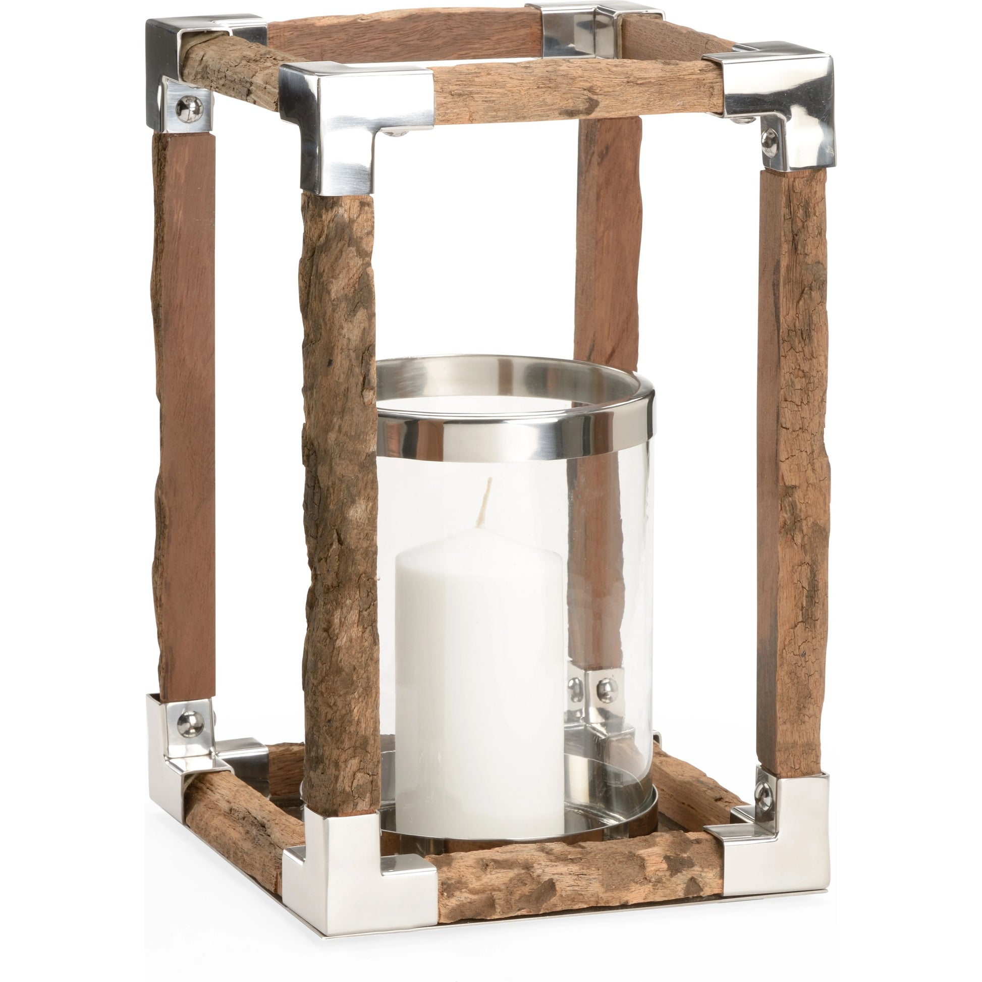 Modern Rustic Hurricane by Wildwood in natural, rough, polished nickel. Made from wood/metal in a rustic style.