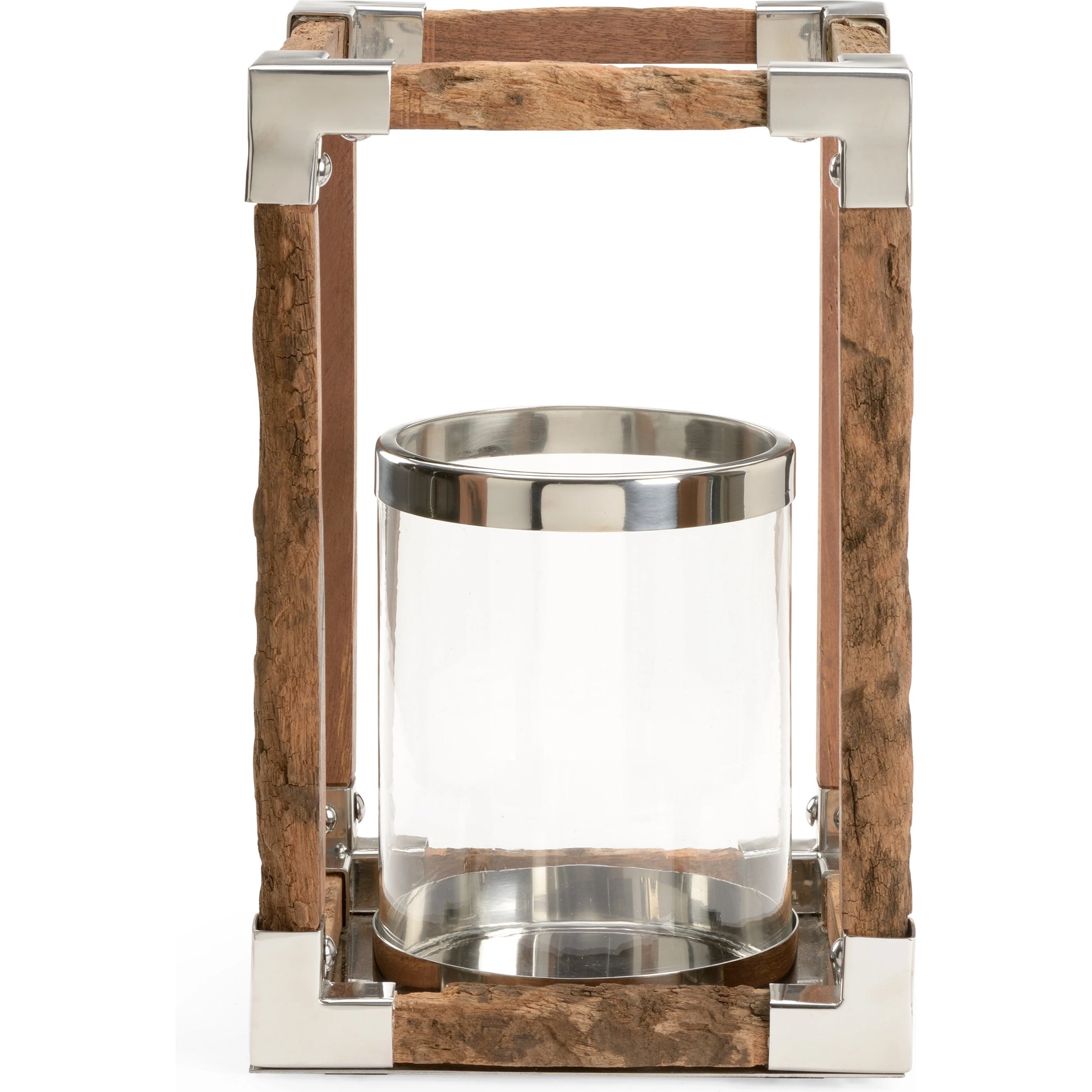 Modern Rustic Hurricane by Wildwood in natural, rough, polished nickel. Made from wood/metal in a rustic style.