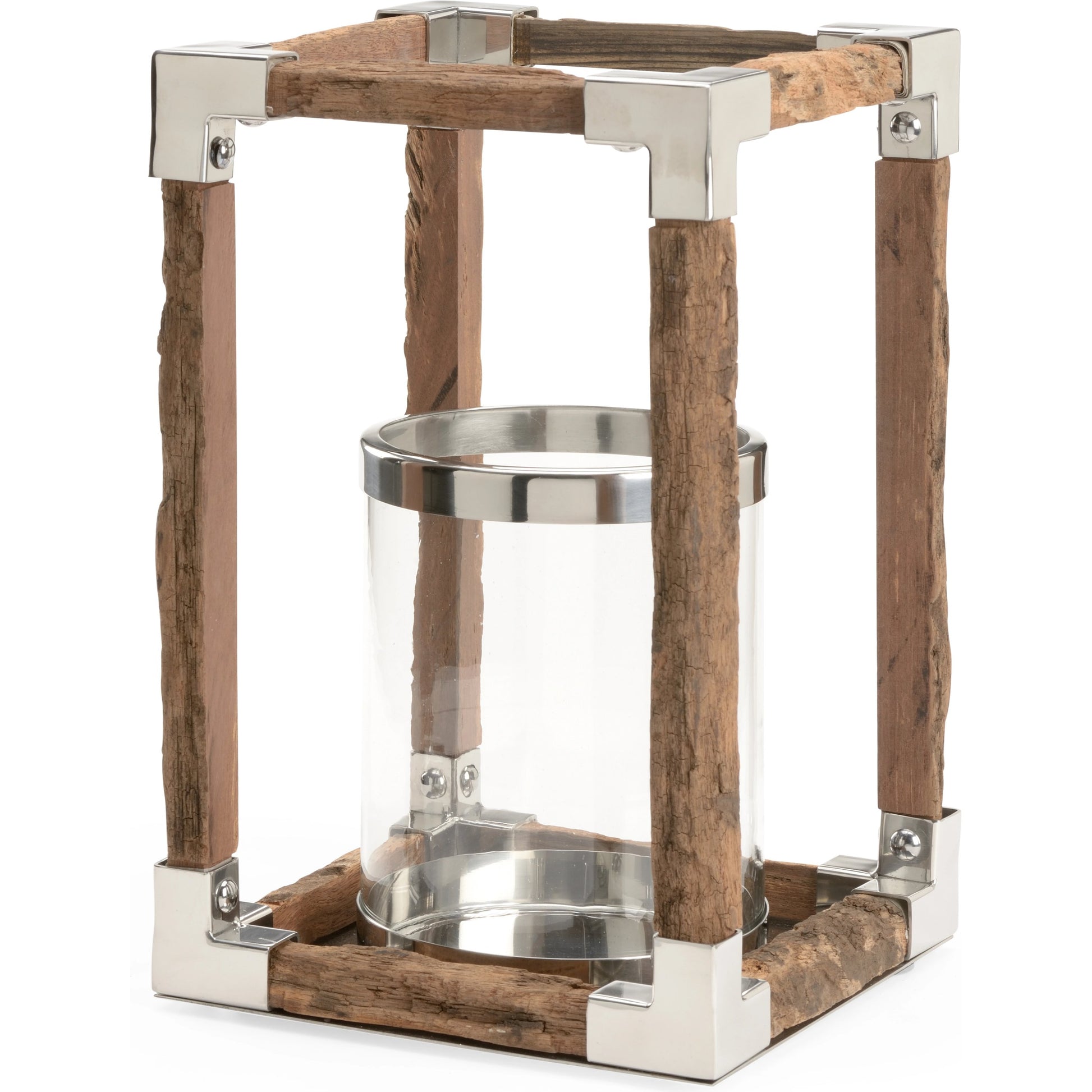 Modern Rustic Hurricane by Wildwood in natural, rough, polished nickel. Made from wood/metal in a rustic style.
