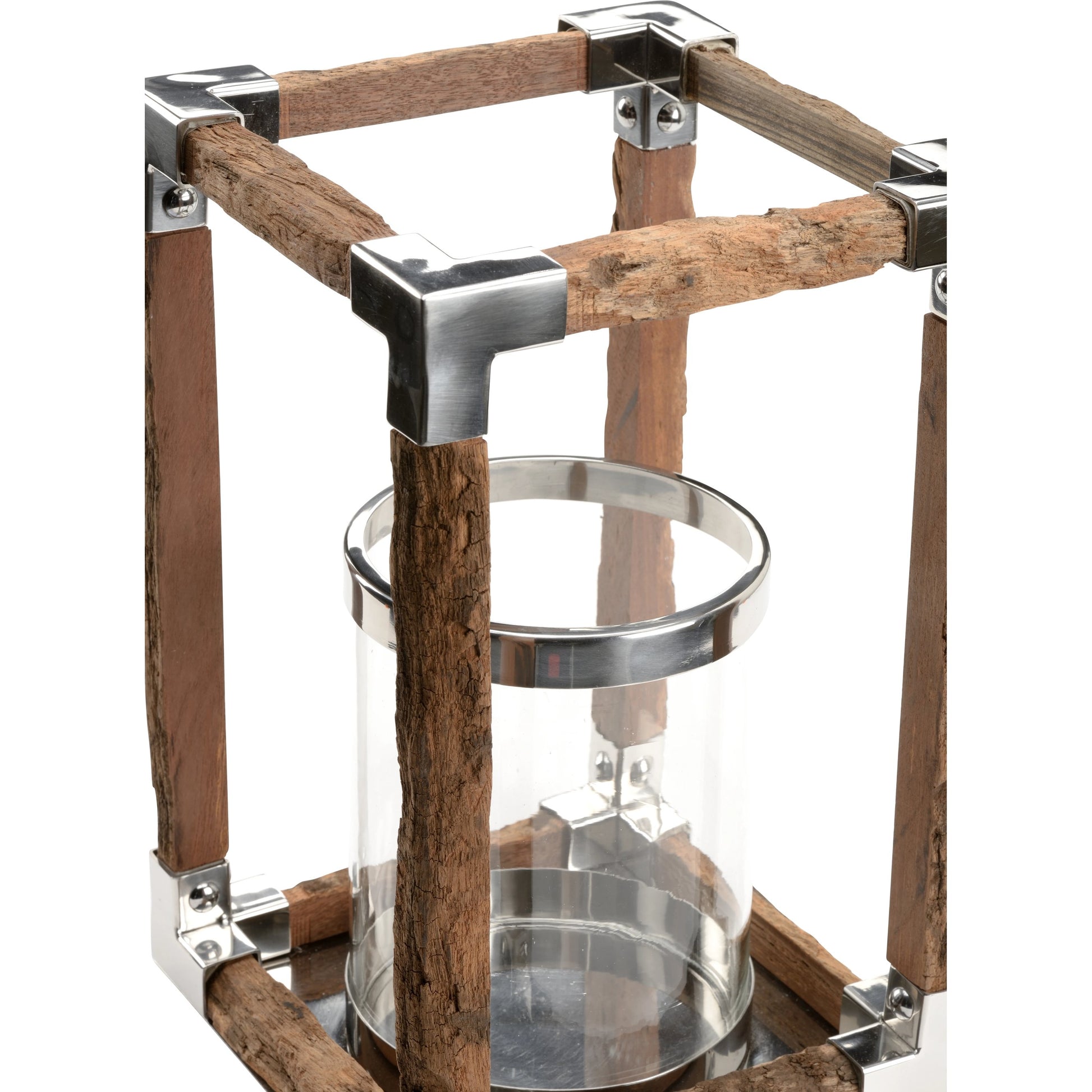 Modern Rustic Hurricane by Wildwood in natural, rough, polished nickel. Made from wood/metal in a rustic style.