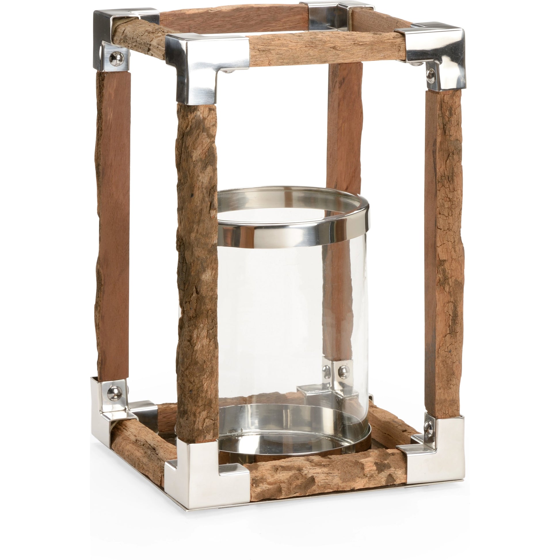 Modern Rustic Hurricane by Wildwood in natural, rough, polished nickel. Made from wood/metal in a rustic style.