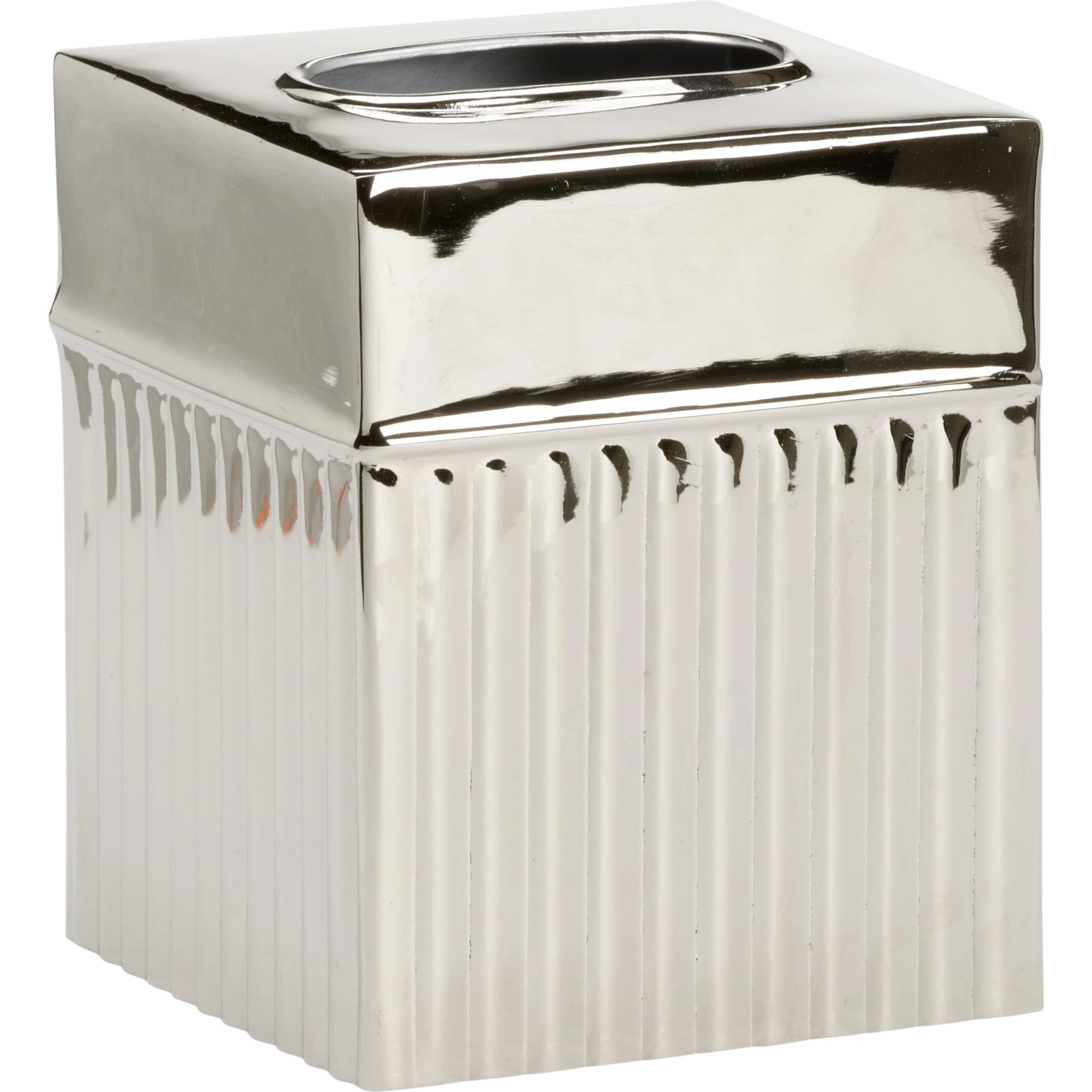 Wallace Tissue Box by Wildwood in polished nickel. Made from aluminum in a modern style.