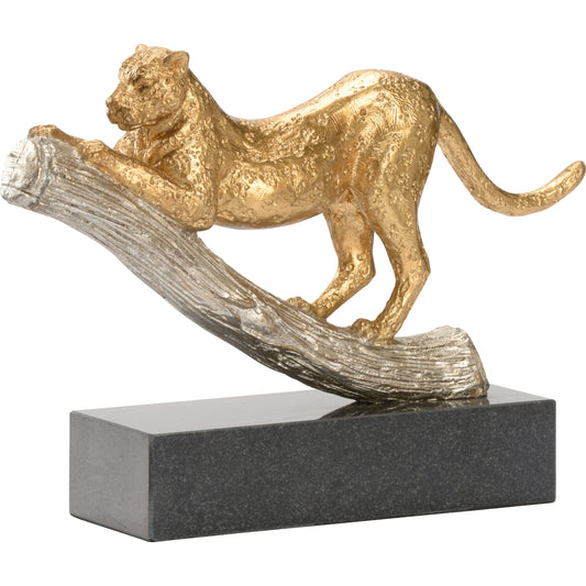Leopard on the Hunt by Wildwood in gold, silver, black. Made from cast iron in a modern style.