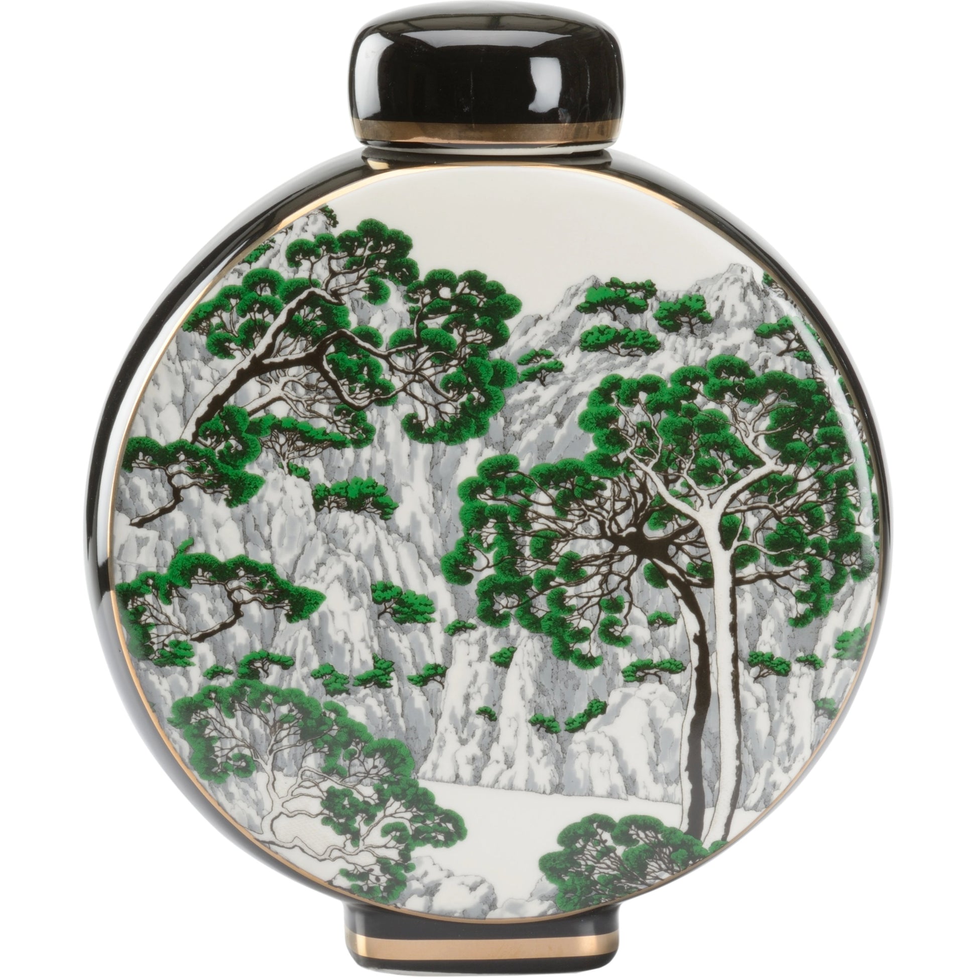 Matsu Vase by Wildwood in black, white glaze, green decal, gold. Made from porcelain in a transitional style.
