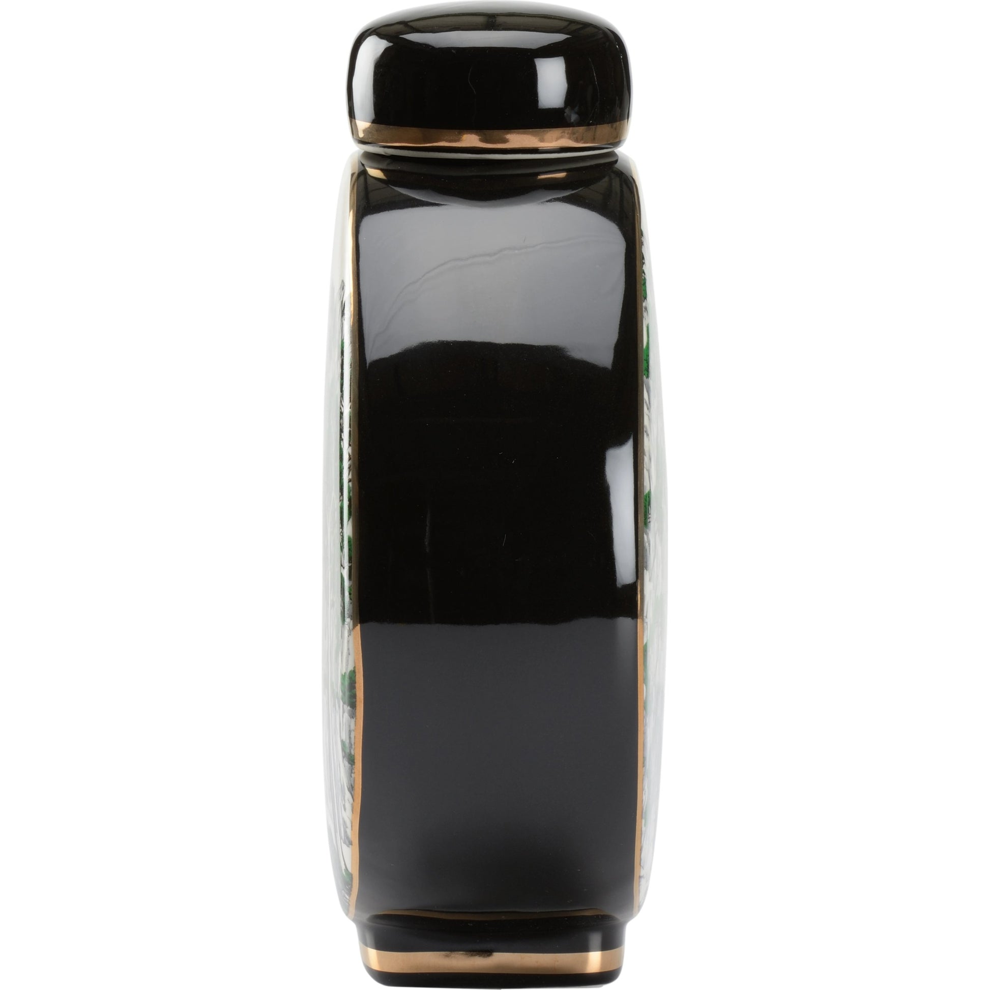 Matsu Vase by Wildwood in black, white glaze, green decal, gold. Made from porcelain in a transitional style.